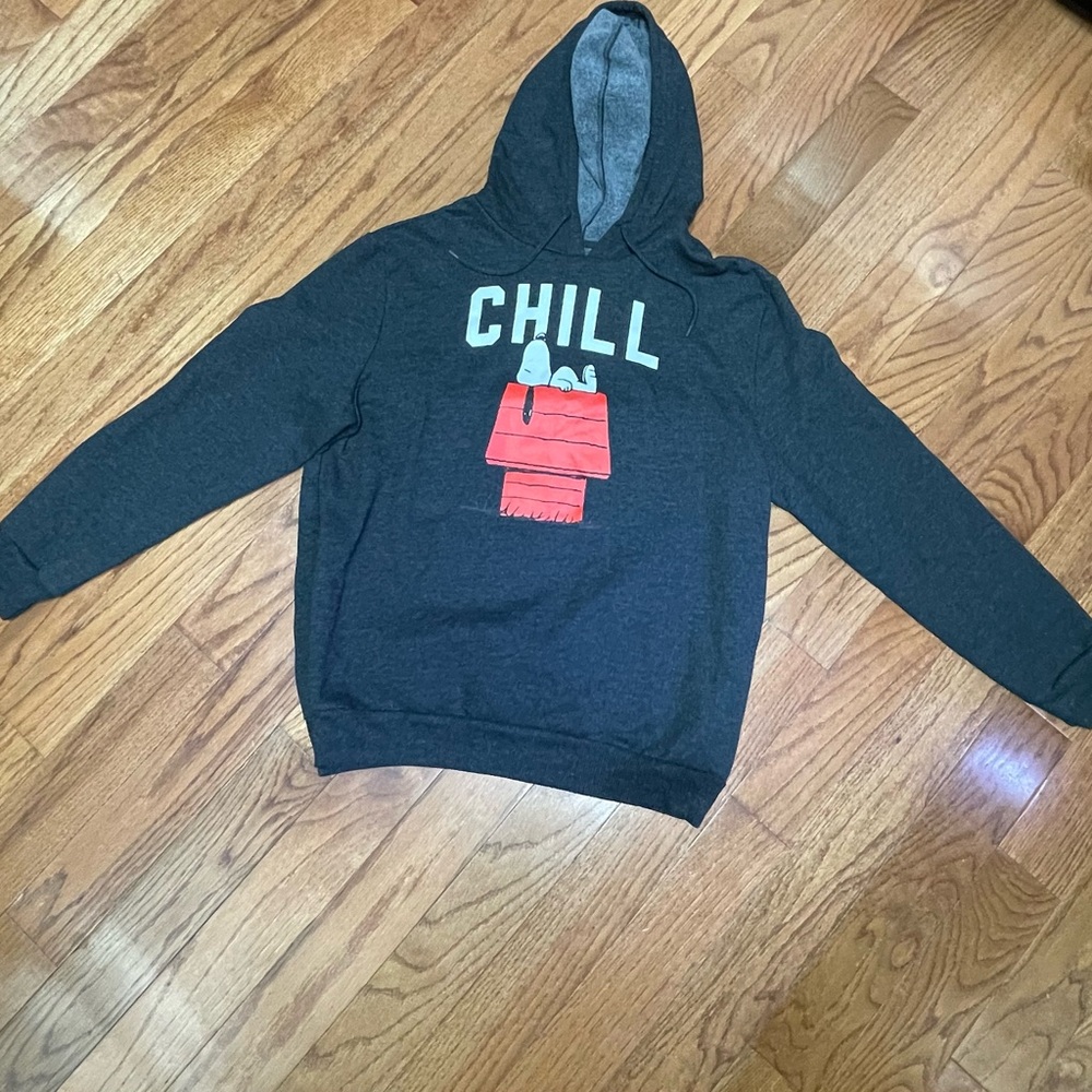 Peanuts Snoopy Size L Gray Hoodie Sweatshirt Snoopy on Doghouse Graphic Print
